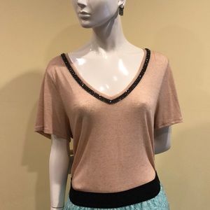 Blush V-neck  Shirt w/ Dark Silver Beading